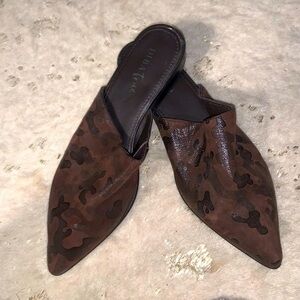 Diba True High Up Brown Embossed Camo Print Mule 100$ fall casual boho leather